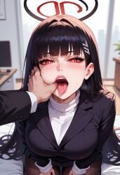 1boy ai_generated balecxi black_hair black_jacket black_pantyhose black_skirt blazer blue_archive blunt_bangs blurry blurry_background blush bright_pupils female finger_in_another's_mouth hair_ornament hairclip halo indoors large_breasts long_hair long_sleeves looking_at_viewer open_mouth patreon_username pov pov_hands red_eyes rio_(blue_archive) saliva sitting solo_focus straight suit teeth tongue tongue_out turtleneck turtleneck_sweater very_long_hair white_pupils white_sweater