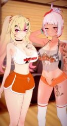 2girls 3d :3 ahoge arm_behind_head arm_up ass bead_bracelet belly_button big_ass big_breasts bikini bikini_top black_nails blonde_hair bracelet bracelets breasts choker cleavage cow_print cow_print_bikini deluxe_rosie dolphin_shorts eyeshadow fefe_(vtuber) female female_only hand_on_breast heart_ahoge hips hooters hooters_uniform hourglass_figure indie_virtual_youtuber indoors jean_shorts light-skinned_female light_skin long_hair long_nails looking_at_viewer medium_hair micro_shorts midriff multicolored_hair nude nude_female orange_eyes pierced_belly_button piercing pink_eyes pink_hair see-through see-through_clothing short_shorts shorts smile standing suko_(vtuber) tan tan-skinned_female tan_body tan_skin tanline tattoo tattoos thick_thighs thighhighs thighs thin_waist twintails unbuttoned unbuttoned_shorts virtual_youtuber white_hair wide_hips