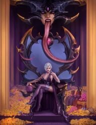 chaos_(warhammer) corruption demon demon_girl demoness dominant dominant_female horns inviting_to_sex long_tongue revealing_clothes seduction seductive seductive_look slaanesh stockings temptation warhammer_(franchise) warhammer_40k white_hair