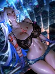 1girls animal_ears belly_button black_bra bra city cubeskar dragon_ears dragon_girl dragon_horns female female_only horns huge_breasts indie_virtual_youtuber light-skinned_female light_skin monster_girl night outdoors ray_hime shorts smile solo tattoos virtual_youtuber white_hair yellow_eyes