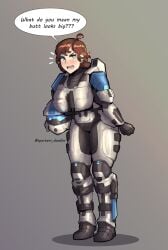 1girls armor armored_female english_text female frustrated fully_clothed heterochromia spartan_(halo) spartan_iii_(halo) spartandoodles speech_bubble text thick_thighs