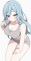 1girls anime anime_style blue_hair bra breasts cleavage grey_sports_bra hinomori_shizuku long_hair looking_at_viewer moeruru8812 open_mouth project_sekai simple_background sports_bra sweat wavy_hair white_background