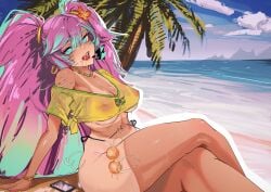 1girls ass beach big_ass big_breasts big_thighs bottomless brazil brazilian brazilian_female brazilian_miku breasts cyan_eyes cyan_hair female female_only hatsune_miku huge_ass huge_thighs kaiserart latin_american_hatsune_miku_(meme) long_hair looking_at_viewer palm_tree pink_hair see-through see-through_clothing solo tagme tan tan_body thick_hips thick_thighs thighs twintails vocaloid