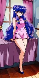 ai_assisted ai_generated bare_thighs breasts chinese_dress hands_behind_back hourglass_figure long_hair long_legs looking_at_viewer miniskirt purple_hair ranma_1/2 shampoo_(ranma_1/2) skirt slim_waist teenager thick_thighs tight_clothing tight_fit wide_hips