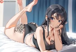 1girls ai_generated bed black_lives_matter blacked blacked_clothing feet himeno large_ass large_breasts qos qos_tattoo queen_of_spades queen_of_spades_symbol queen_of_spades_tattoo sakurajima_mai seishun_buta_yarou_wa_bunny_girl_senpai_no_yume_wo_minai tattoo