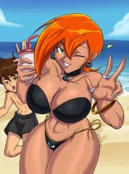 1girls bare_arms bare_legs bare_shoulders bare_thighs beach ben_10 ben_tennyson big_breasts bikini bikini_bottom bikini_top brown_hair cartoon_network clothed clothing color female female_focus female_only future_gwen green_eyes gwen_tennyson hi_res large_breasts light-skinned_female light_skin looking_at_viewer orange_hair sand sea short_hair tagme tazwomante thick_thighs water