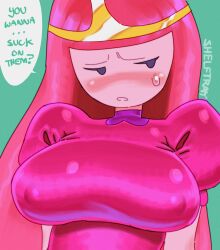 1girls adventure_time big_breasts blush breasts cartoon_network clothed clothing dialogue dress embarrassed female imminent_sex large_breasts nipples nipples_visible_through_clothing pink_dress pink_hair princess_bubblegum shelftray speech_bubble sweat sweatdrop visible_nipples