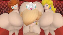 1boy 3d 3girls animated ass big_ass blonde_hair blowjob blue_eyes cum_in_mouth female foursome huge_ass huge_breasts long_hair looking_at_viewer loop mario_(series) mr_chazz80 nintendo nude oral oral_sex princess_daisy princess_peach princess_rosalina sfm sound sound_effects source_filmmaker super_mario_bros. tagme twerking video