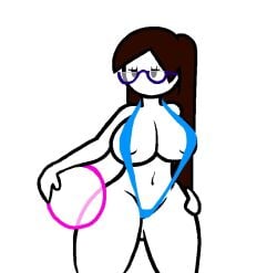 ass_visible_through_thighs beach_ball big_breasts glasses hand_on_hip harvestman_here holding_ball looking_to_the_side mob_face sling_bikini sling_chan thick_thighs