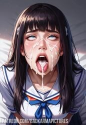 1girls ahe_gao ai_generated badkarmastudio black_hair blue_eyes blush bukkake cum cum_on_body cum_on_face eyes_rolling_back female female_only hi_res highres kill_la_kill kiryuuin_satsuki kneeling looking_up open_mouth patreon_username rolling_eyes school_uniform self_upload solo