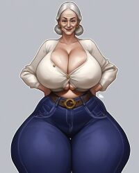 ai_generated borednlonely bottom_heavy curvaceous curvy gilf grey_hair hips_wider_than_shoulders large_breasts mature_female old_woman older_female thick_thighs tight_clothing wide_hips