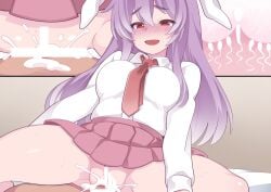 animal_ears bar_censor blush censored clothed_female_nude_male cum cum_in_pussy dress_shirt female hammer_(sunset_beach) impregnation necktie no_panties nude open_mouth penis purple_hair pussy rabbit_ears red_eyes reisen_udongein_inaba sex shirt skirt smile solo sperm_cell straddling touhou vaginal_penetration