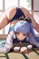 ai_generated blue_eyes blush dancer genshin_impact grey_hair kamisato_ayaka light-skinned_female light_skin open_legs smile smile_at_viewer smiley_face stretching teasing