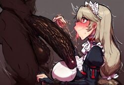 absurdly_large_cock ai_generated alexandrina_sebastiane cock_awe cock_shock dark-skinned_male huge_cock hyper_penis maid maid_apron maid_dress maid_outfit victoria_housekeeping will_of_ai zenless_zone_zero