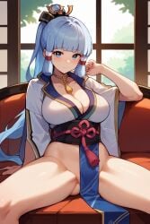 1girls ai_generated big_breasts blue_eyes blush genshin_impact grey_hair indoors kamisato_ayaka light-skinned_female light_skin open_legs pussy_covered shiny_skin teasing