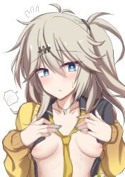 1girls blue_eyes blush breasts cardigan hair hair_ornament kasukabe_tsumugi looking_at_viewer makochan42 mole mole_under_eye necklace necktie nipples open_cardigan open_clothes open_shirt school_uniform solo solo_female solo_focus sweat voicevox yellow_cardigan yellow_necktie