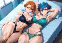 2girls abs absurd_res absurdres ai_generated athletic_female bedroom big_breasts blue_bra blue_hair blue_panties breasts curvilinear curvy curvy_females curvy_figure green_eyes lace_trim looking_at_viewer lying_on_bed medium_breasts on_bed orange_hair original original_characters short_hair sidecut smokeye teasing_viewer thick_thighs tomboys twins wide_hips