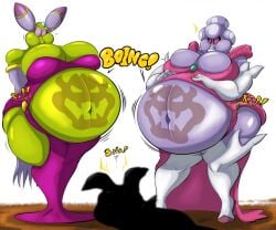 1boy 2girls 3_fingers alien alien_girl alien_humanoid belly belly_button belly_expansion big_belly big_breasts bowser bowser_logo breasts cackletta clothed clothing dress green_skin high_heels inflated_belly inflation inflation_fetish mario_(series) mario_and_luigi:_partners_in_time mario_and_luigi:_superstar_saga mario_and_luigi_(series) nintendo no_sex pink_dress princess_shroob purple_body purple_dress purple_eyes purple_skin red_eyes shinysteel snapping_fingers standing text thigh_highs thighhighs thighs villainess white_gloves white_lips white_lipstick