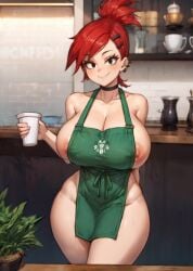 1girls ai_generated alternate_breast_size apron barista black_eyes breasts cleavage coffee earrings female female_only foster's_home_for_imaginary_friends frankie_foster hairclip holding_cup holding_object huge_breasts i_mean_breast_milk large_breasts looking_at_viewer meme naked_apron nipple_slip ponytail red_hair red_head smile solo solo_female stable_diffusion starbucks tampopo thick_thighs wide_hips