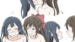 2girls :q absurdres after_fellatio arrow_(symbol) black_hair blush brown_hair completely_nude cum cum_in_mouth cum_string cum_swap from_side half_updo highres kissing love_live! love_live!_nijigasaki_high_school_idol_club multiple_girls nose_blush nude ousaka_shizuku shizuwonderland straight tongue tongue_out yuri yuuki_setsuna_(love_live!)