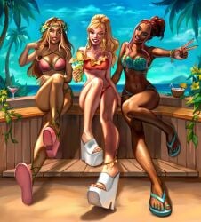 3girls 4kids_entertainment aisha aisha_(winx_club) bikini breasts coconut drink feet flip_flops flora_(winx_club) high_heels human layla layla_(winx_club) legs lime_slice nickelodeon ocean png rainbow_(animation_studio) sandals sea stella_(winx_club) water winx_club