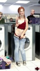 blue_eyes breasts exhibitionism exposed_breasts exposed_pussy female flashing flashing_breasts flashing_pussy freckles hi_res human jeans jeans_down laundromat light-skinned_female looking_at_viewer nipples no_bra panties panties_down public public_nudity pussy red_hair redhead rori_collins_(troxvi) self_upload shaved_pussy standing teenage_girl teenager troxvi unaware