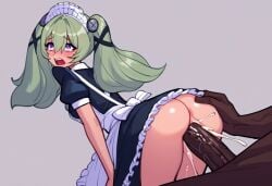 ai_generated corin_wickes dark-skinned_male green_hair huge_cock hyper_penis maid maid_apron maid_dress maid_outfit petite_female twintails vaginal_penetration vaginal_penetration vaginal_sex victoria_housekeeping will_of_ai zenless_zone_zero