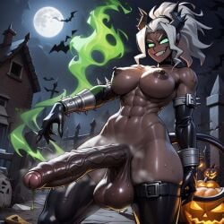 abs ai_generated foreskin futanari graveyard halloween horns huge_cock jack-o'-lantern judgement_(helltaker) latex muscular thighhighs uncut veiny_penis