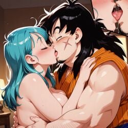 ai_generated bulma_(dragon_ball) bulma_briefs kissing yajirobe