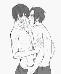 2boys black_and_white blushing free! hand_on_arm haruka_nanase imminent_sex looking_at_partner male male_only multiple_males partially_clothed rin_matsuoka short_hair topless trembling uncolored undressing visible_breath white_background yaoi