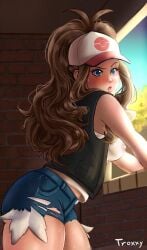 1girls artist_name balcony blue_eyes blue_eyes_female blue_sky blush blush_lines brick brick_wall brown_hair brown_hair_female cap female female_focus female_only hilda_(pokemon) jacket jacket_open jean_shorts light-skinned_female light_skin lips long_ponytail nipples parted_lips poke_ball_symbol pokeball_clothing pokemon ponytail see-through see-through_clothing see-through_shirt see-through_top see_through short_shorts shorts sidelocks sky solo sweat sweatdrop thighs tied_hair troxxy