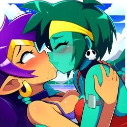 2girls ai_generated both_blushing half_genie kissing making_out powerhouserift rottytops saliva shantae shantae:_half-genie_hero shantae_(character) shantae_and_the_pirate's_curse shantae_and_the_seven_sirens sloppy_kiss wet_kiss yuri zombie zombie_girl