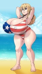 1girls american_flag_swimsuit armpits arms_behind_head ass barefoot beach blonde_hair blue_eyes booty_calls breasts cameltoe commission erect_nipples gigantic_ass gigantic_breasts huge_ass huge_breasts long_hair looking_at_viewer mature mature_female mature_woman milf nipples nipples_visible_through_clothing nutaku one-piece_swimsuit pussy smile swimsuit thick_thighs thighs twisteddragonart vagina wide_hips zoe_(booty_calls)