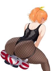 alternate_costume ass ass_focus back black_leotard blush breasts earrings female fishnets freckles from_behind hair huge jewelry kureiji_ollie large_breasts leotard looking_back orange pantyhose presenting_ass purple_eyes smile takanashi_kiara thick thighs white_background