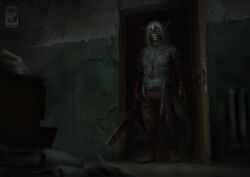 abandoned_building anthro apocalypse blood bodily_fluids building creepy_smile dark digital_media_(artwork) fish hair hi_res horror_(theme) insane inside long_hair machete male marine melee_weapon shark smile solo techiesxc weapon white_hair