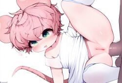 1boy 1girls age_difference ai_generated anal anal_sex anthro blush bottomless cub female furry fuzzle fuzzleedits_(artist) green_eyes hi_res innie_pussy male mouse mouse_ears mouse_tail penis pink_fur pink_hair pussy rodent size_difference thighhighs young