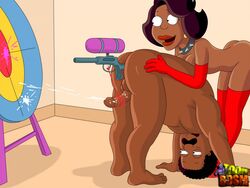 1boy 1girls anal anal_insertion ass barefoot black_hair breasts cleavage cleveland_brown collar cum cum_on_object cum_on_penis dark_skin donna_tubbs earrings elbow_gloves facial_hair family_guy fat femdom gloves malesub nude open_mouth paintball_gun penis red_legwear stockings straight target testicles the_cleveland_show tied_penis toon_bdsm uncensored what