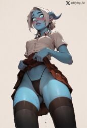 ai_generated below_view blue_body blue_eyes blue_skin blush breasts cute draenei elf_ears female female_focus female_only flashing flashing_panties glowing_blue_eyes glowing_eyes horns jeyjey_se looking_at_viewer nipple_bulge nipples_visible_through_clothing panties school_uniform shirt shy simple_background skirt skirt_lift small_breasts smile smiling solo solo_female solo_focus stockings sweat sweatdrop thick_thighs thigh_highs thighhighs thong viewed_from_below warcraft wedgie wet_body wet_skin white_hair world_of_warcraft