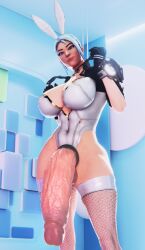 3d big_breasts big_butt big_penis blue_eyes bunny_(the_first_descendant) bunny_ears exposed_penis futa_only futanari jett_(valorant) looking_at_viewer posing short_hair stockings the_first_descendant thick_thighs valorant veiny_penis white_hair