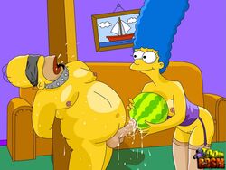 1boy 1girls 20th_century_fox areola bald bdsm blindfold blue_hair breasts collar cum cum_on_penis fat female femdom fox_corporation fruit homer_simpson human male male_nipples malesub marge_simpson navel nipples penis pubic_hair sex_toy stockings straight testicles the_simpsons thighhighs toon_bdsm watermelon yellow_skin