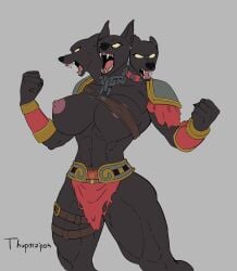 armor bandage breasts cerberus muscular