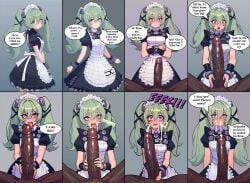 aged_up ai_generated blush blush boss_and_employee corin_wickes cum_on_face dark-skinned_male dialogue green_hair handjob huge_cock hyper_penis licking licking_penis looking_at_viewer maid maid_apron maid_headdress maid_outfit maid_uniform nervous part_1 petite_female precum purple_eyes twintails victoria_housekeeping will_of_ai younger_female zenless_zone_zero