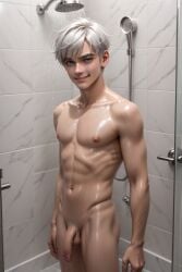 ai_generated flaccid_penis male_only nude_male penis shower smile solo vraiphenix white_hair