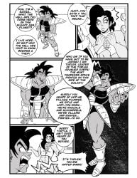 2boys black_and_white comic comic_page crossdressing dialogue dragon_ball dragon_ball_z femboy feminine_male male_only original_character saiyan saiyan_tail scar speech_bubble turles ukevegeta13 yam_(ukevegeta13)