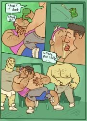 balls blush boner bulge bunbunny_(artist) clothing comic discord_(app) erection erection_under_clothes father_and_son gay group group_sex gym incest kissing male male/male male_only penis smallsrabbit speech_bubble