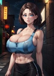 1girls abs ai_generated barely_contained_breasts big_breasts blue_eyes brown_hair bursting_breasts capcom cleavage female female_only huge_breasts human jill_valentine large_breasts looking_at_viewer midriff muscular muscular_female parted_lips pencil_skirt raised_eyebrows resident_evil resident_evil_3 resident_evil_3_remake short_hair skindentation solo solo_female sports_bra sportswear stable_diffusion standing tampopo toned toned_female