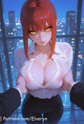 1boys 1girls ai_generated arm_behind_back banknote black_necktie black_pants blush braid braided_ponytail breasts chainsaw_man cleavage collared_shirt dress_shirt elvoryn female hand_on_female_boobs hanging_breasts indoors large_breasts leaning_forward lips long_hair long_sleeves looking_at_viewer makima_(chainsaw_man) male open_clothes open_shirt pants parted_lips partially_unbuttoned patreon_username prostitution red_hair ringed_eyes shirt shirt_tucked_in sidelocks solo standing unbuttoned unbuttoned_shirt white_shirt window yellow_eyes