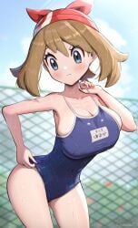 1girls absurd_res alluring alternate_costume big_breasts bikini blue_eyes blue_one-piece_swimsuit brown_hair creatures_(company) game_freak gonzarez high_res may_(pokemon) may_(pokemon_rs) nintendo one-piece_bikini pokemon pokemon_rse red_bandana school_swimsuit swimsuit