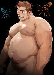 1boy bara big_belly black_background body_hair brown_eyes brown_hair completely_nude cowboy_shot facial_hair highres light_bulb male_focus nipples nude original penis penis_peek plump pubic_hair solo stubble suamaru sweatdrop thick_eyebrows