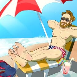 1boy american_flag_swimsuit beach blush feet foot_fetish footprint_on_sandals gay hands_behind_head legs_crossed male_feet male_foot_fetish male_only marvel marvel_comics no_visible_genitalia pmarshyy pride_flag sandals speedo_only steve_rogers umbrella